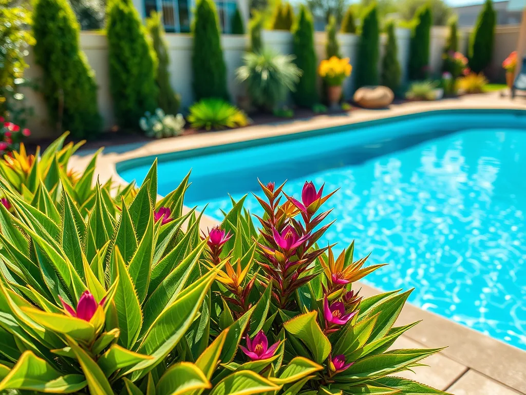 Swimming Pool Opening and Closing Services 1 Clear blue swimming pool with vibrant pink flowers and green plants, showcasing custom backyard pool design.